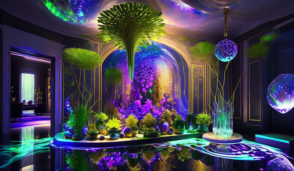 Neon-lit room with psychedelic flora and glowing decorations