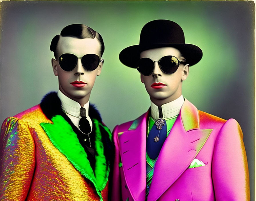 Mannequins in vintage suits with green fur and pink fabric, sunglasses, hats on grey backdrop