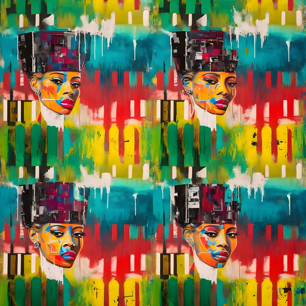 Colorful Abstract Painting with Quadruplicate Portraits and Striking Makeup