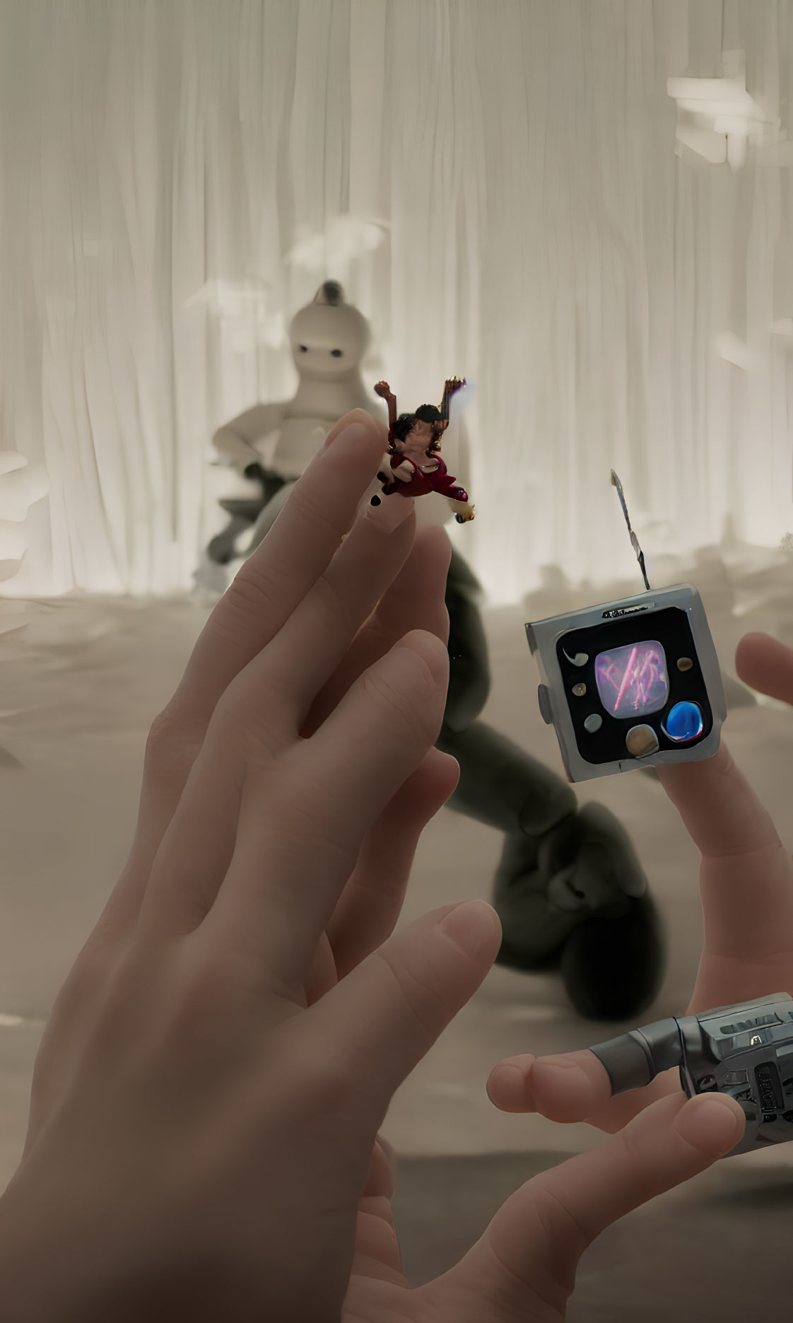 Miniature figure held by hand with futuristic device in white-pillared room