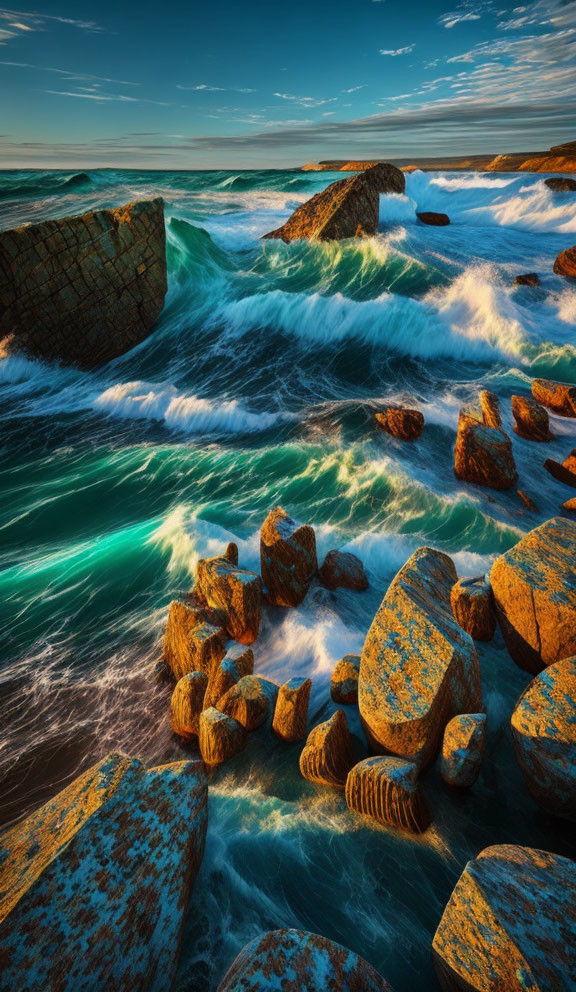 Ocean waves crashing against moss-covered rocks under a blue sky with wispy clouds.