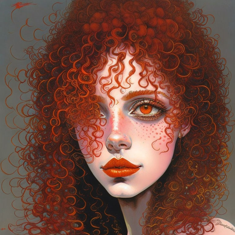 Portrait of person with red curly hair and freckles on gray background