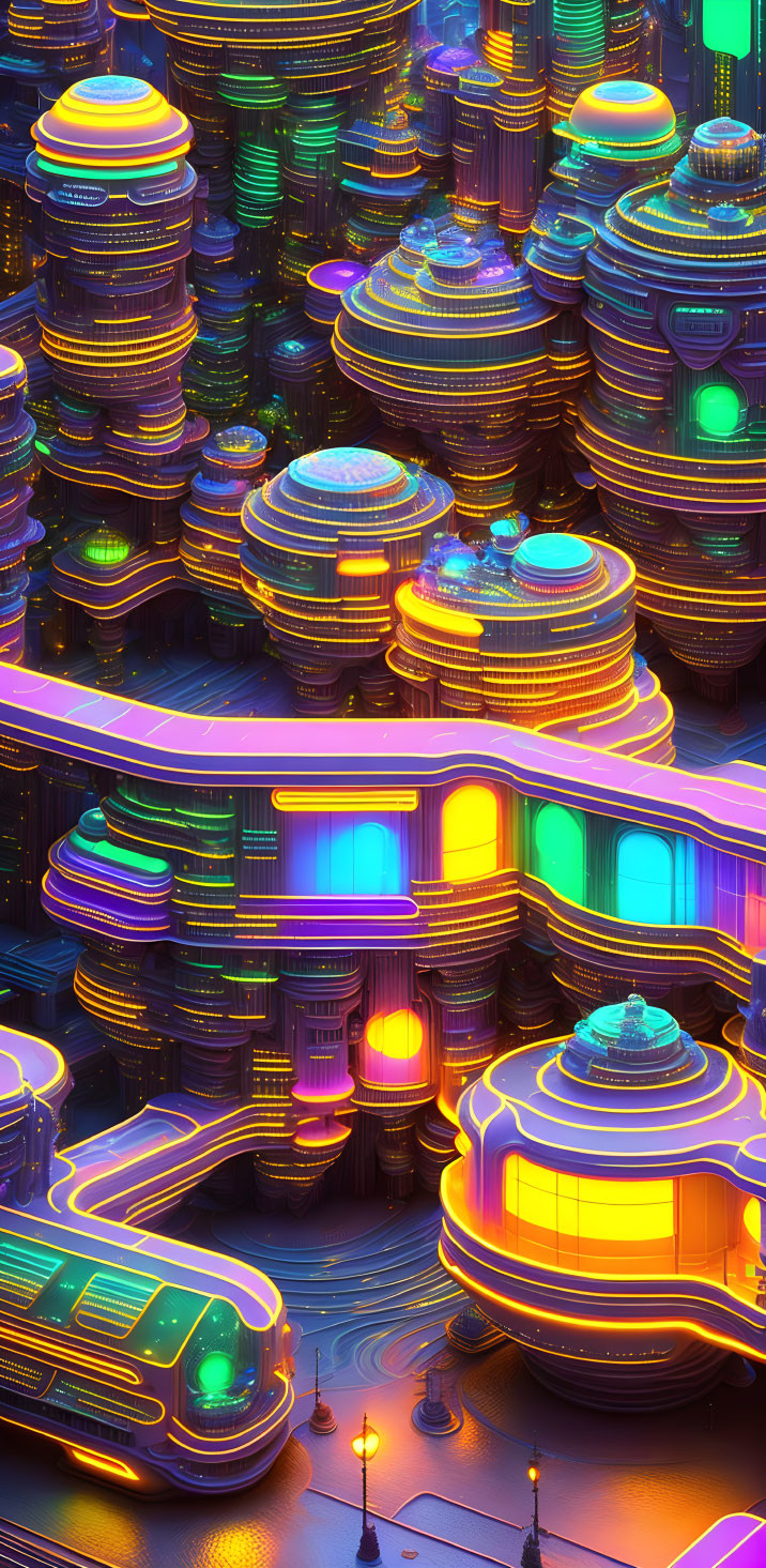 Multicolored neon-lit futuristic cityscape at night