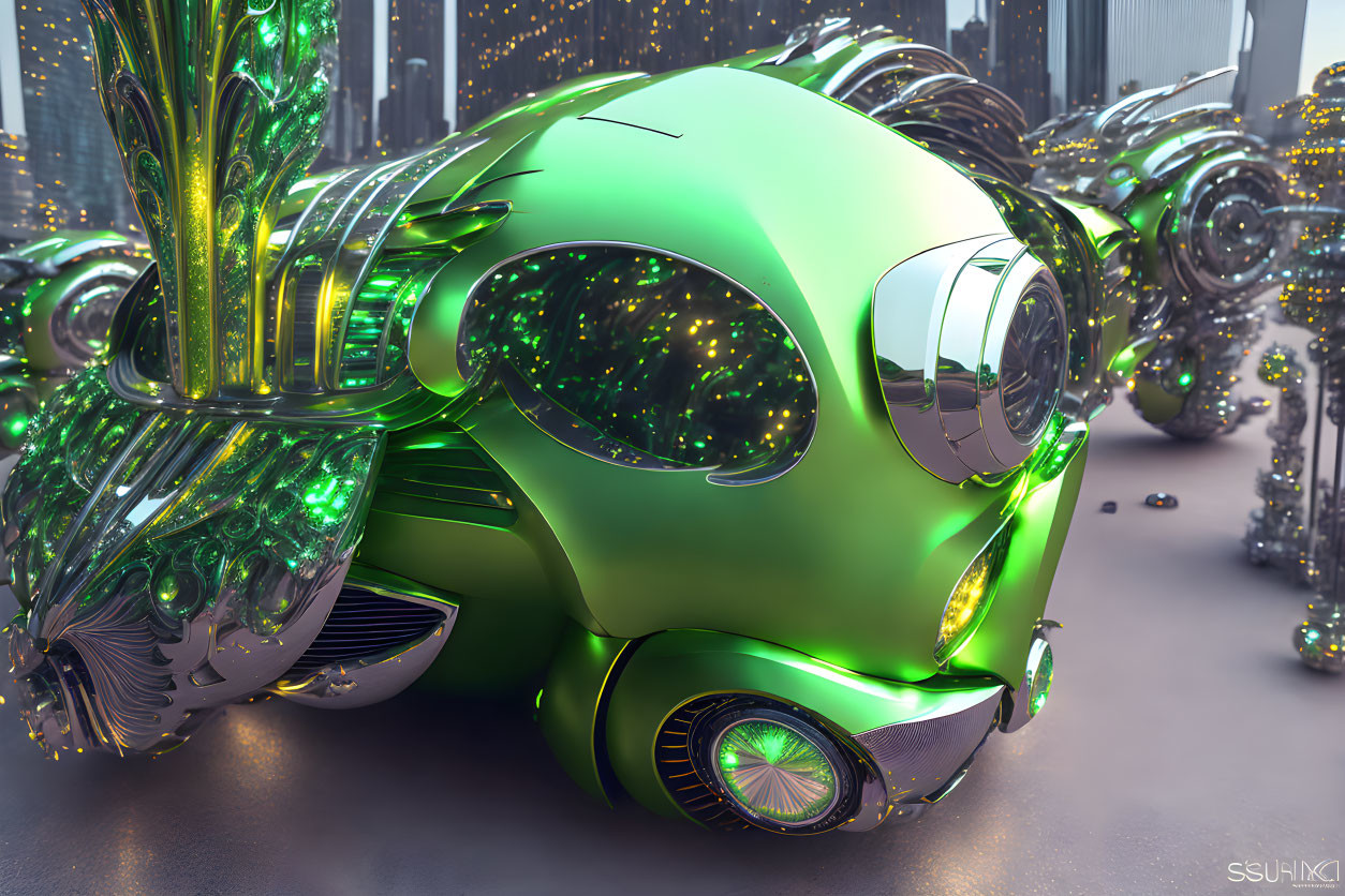 Futuristic green car with glowing patterns and chrome accents in urban setting