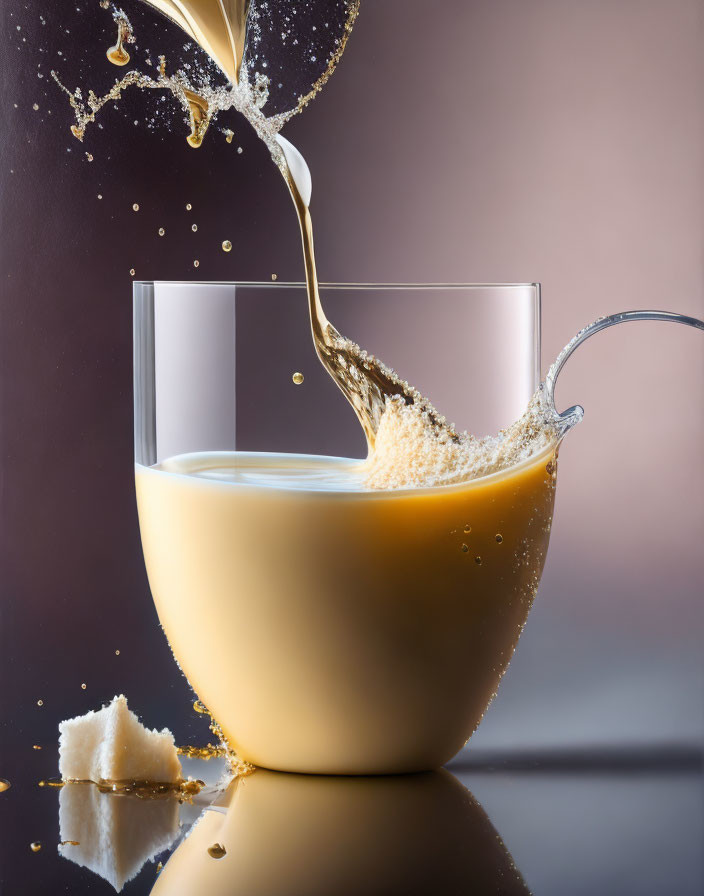 Photo of Milk Pouring into Glass with Frozen Droplets and Splash Arc