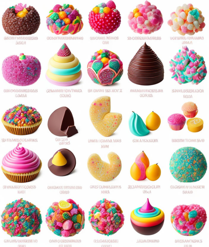 Colorful Cupcakes, Chocolate Sweets, and Candies Displayed in Grid