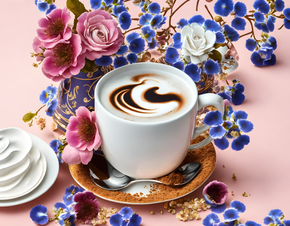 Cappuccino with Heart Latte Art and Flowers on Pink Background