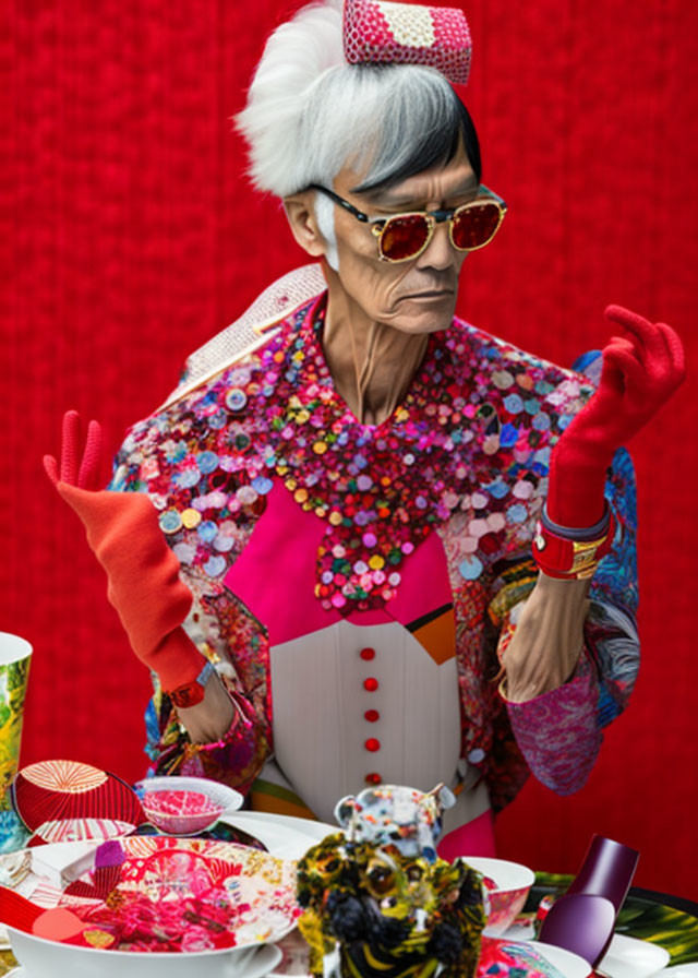 Elderly person with white hair in colorful attire at vibrant table.