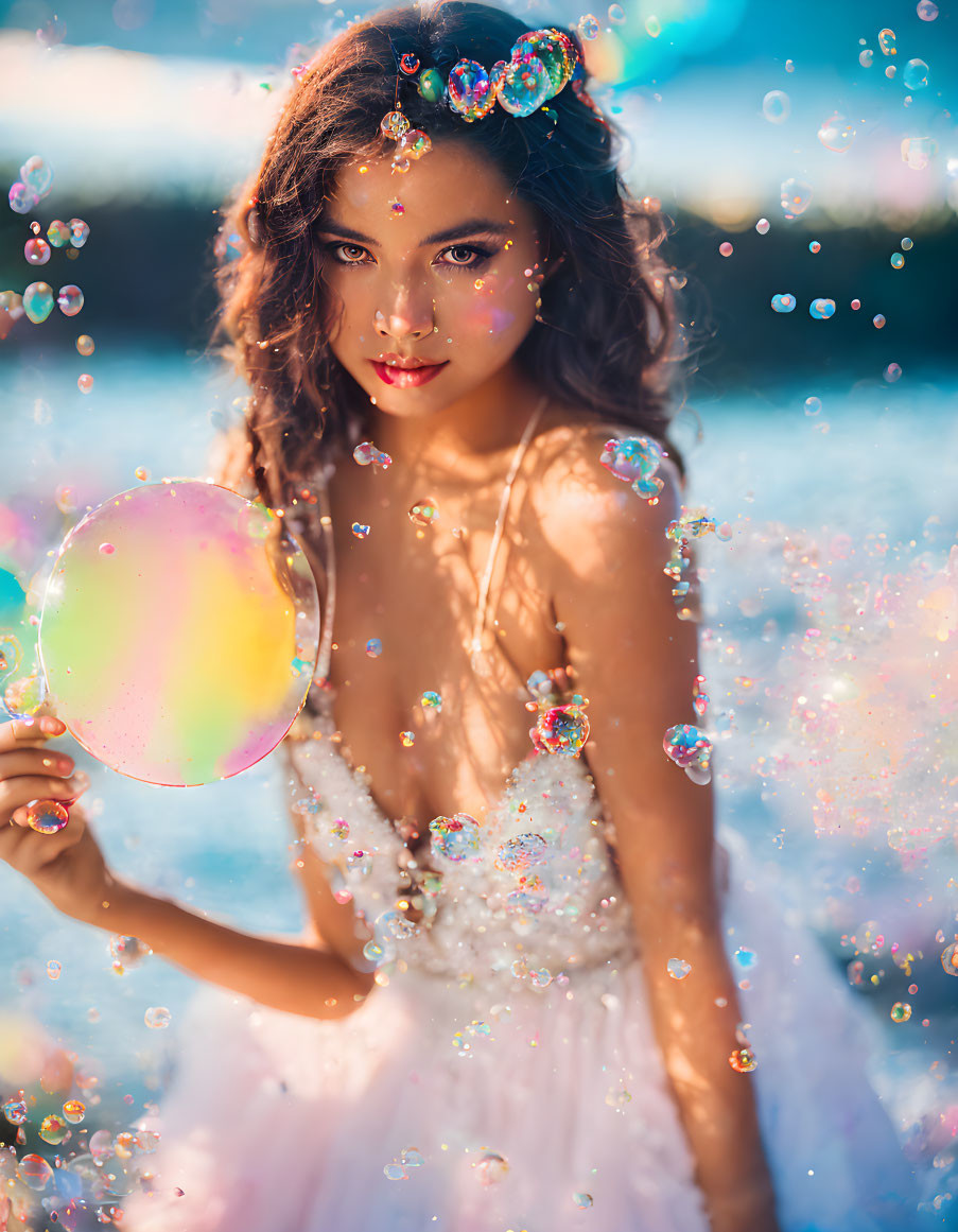 Woman in Sparkly Dress Holding Luminous Bubble Among Floating Bubbles