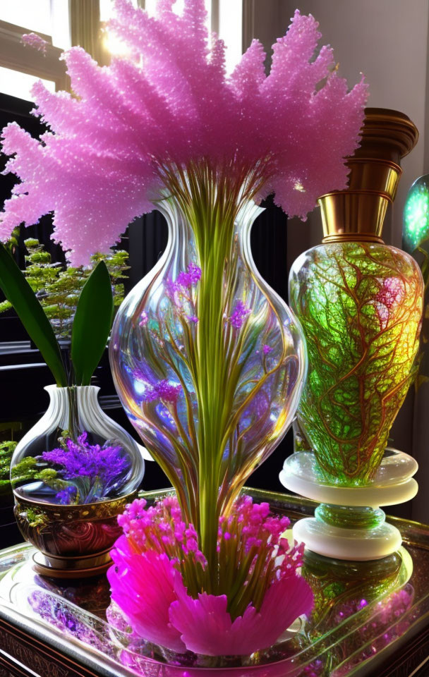 Intricate glass vases with pink crystal on reflective surface