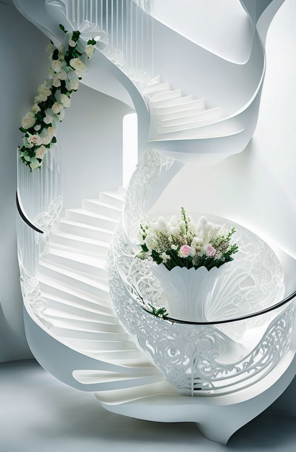 Intricate white spiral staircase with floral patterns on soft grey background