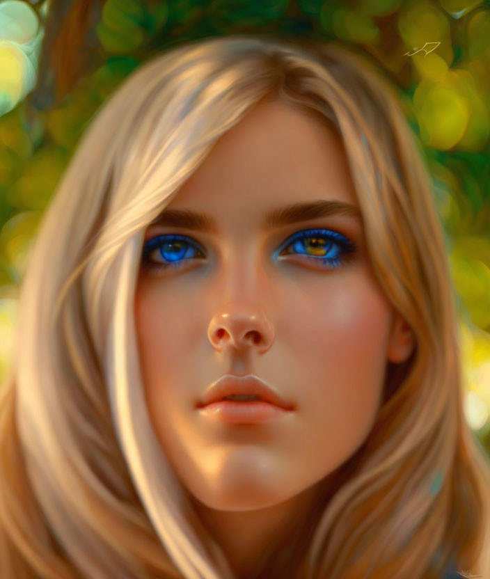 Person with blue eyes and blonde hair in digital artwork with scarf, under warm sunlight.