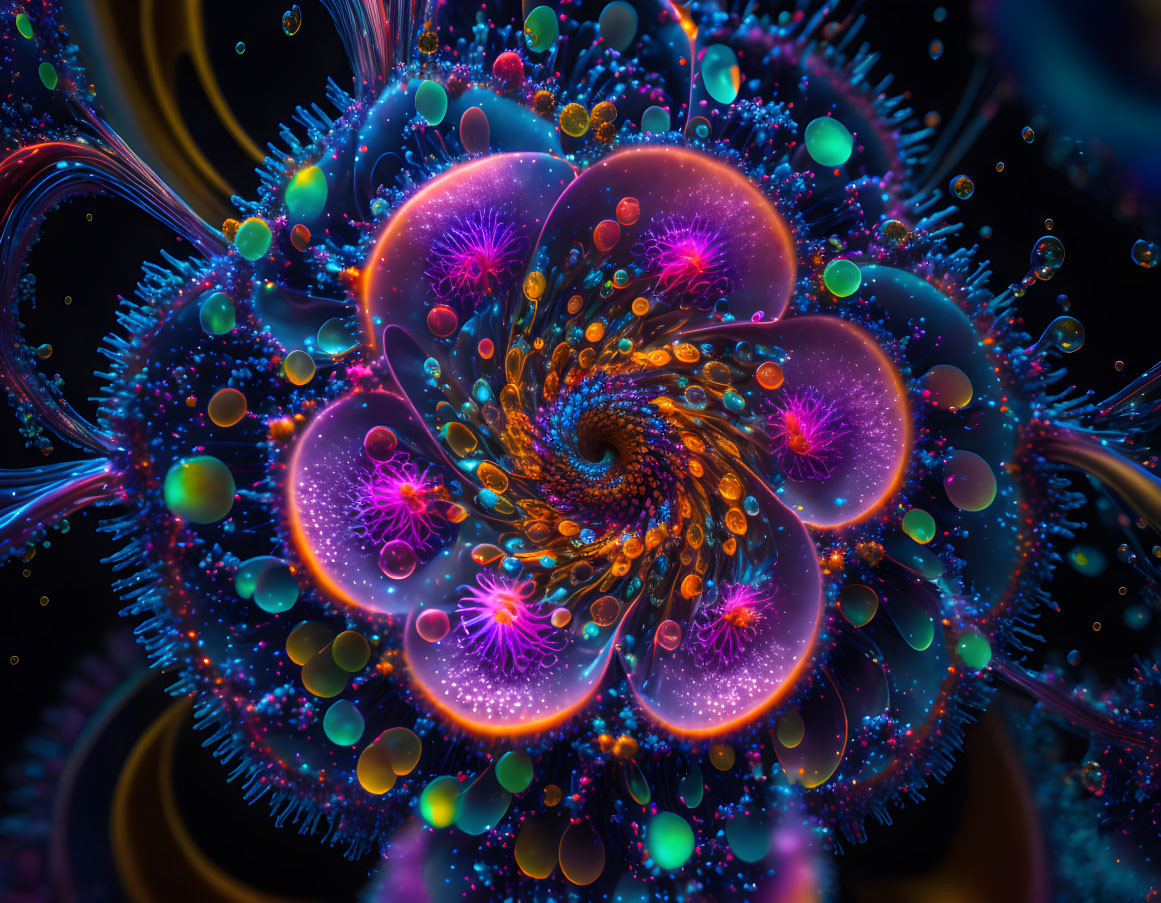 Colorful fractal art of blooming flower with intricate patterns in blue, purple, and orange tones