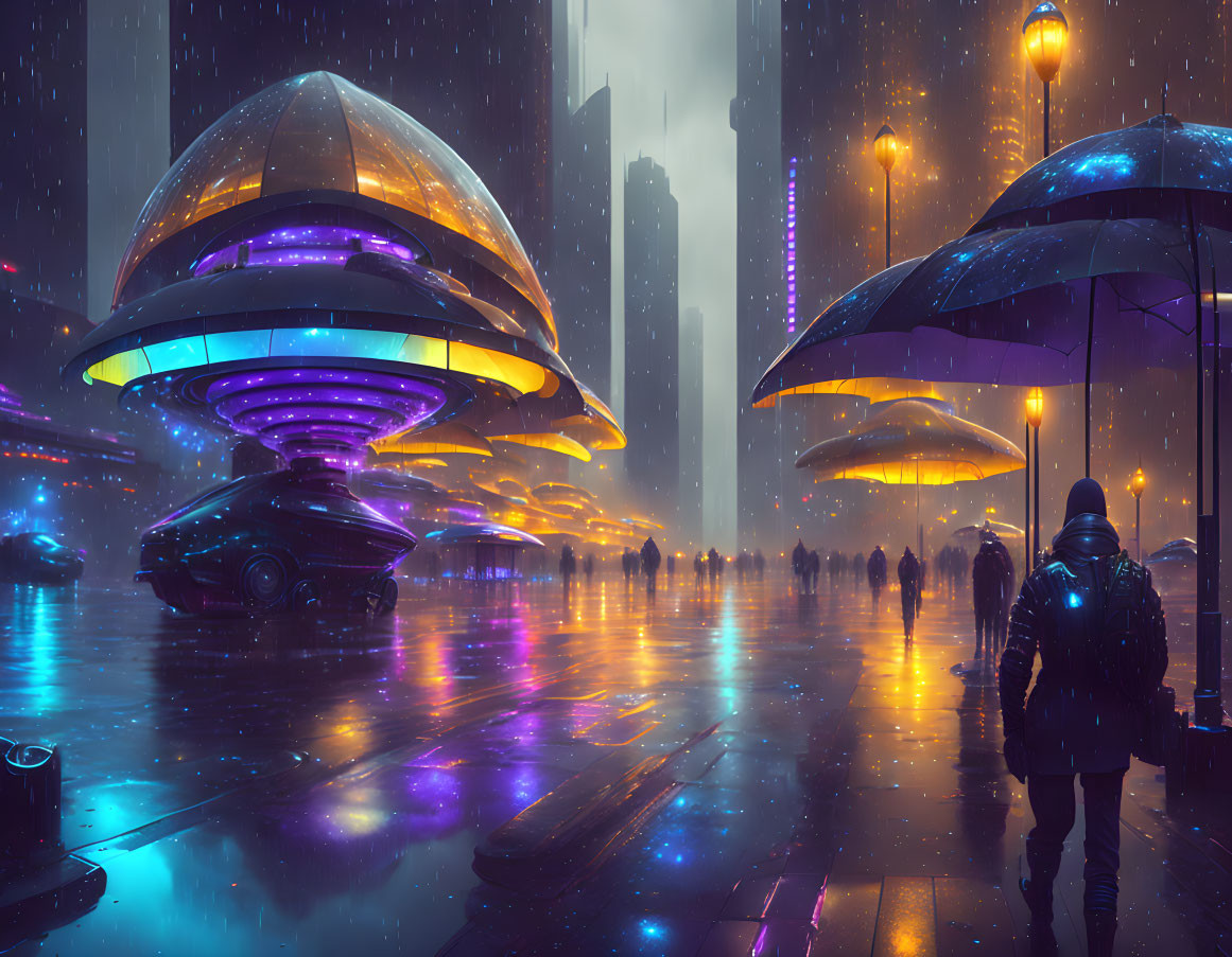 Futuristic rainy cityscape with glowing umbrellas and flying UFO-like vehicles.