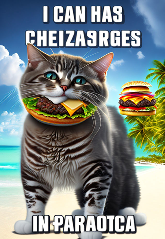 Whimsical cat meme with burger on tropical beach