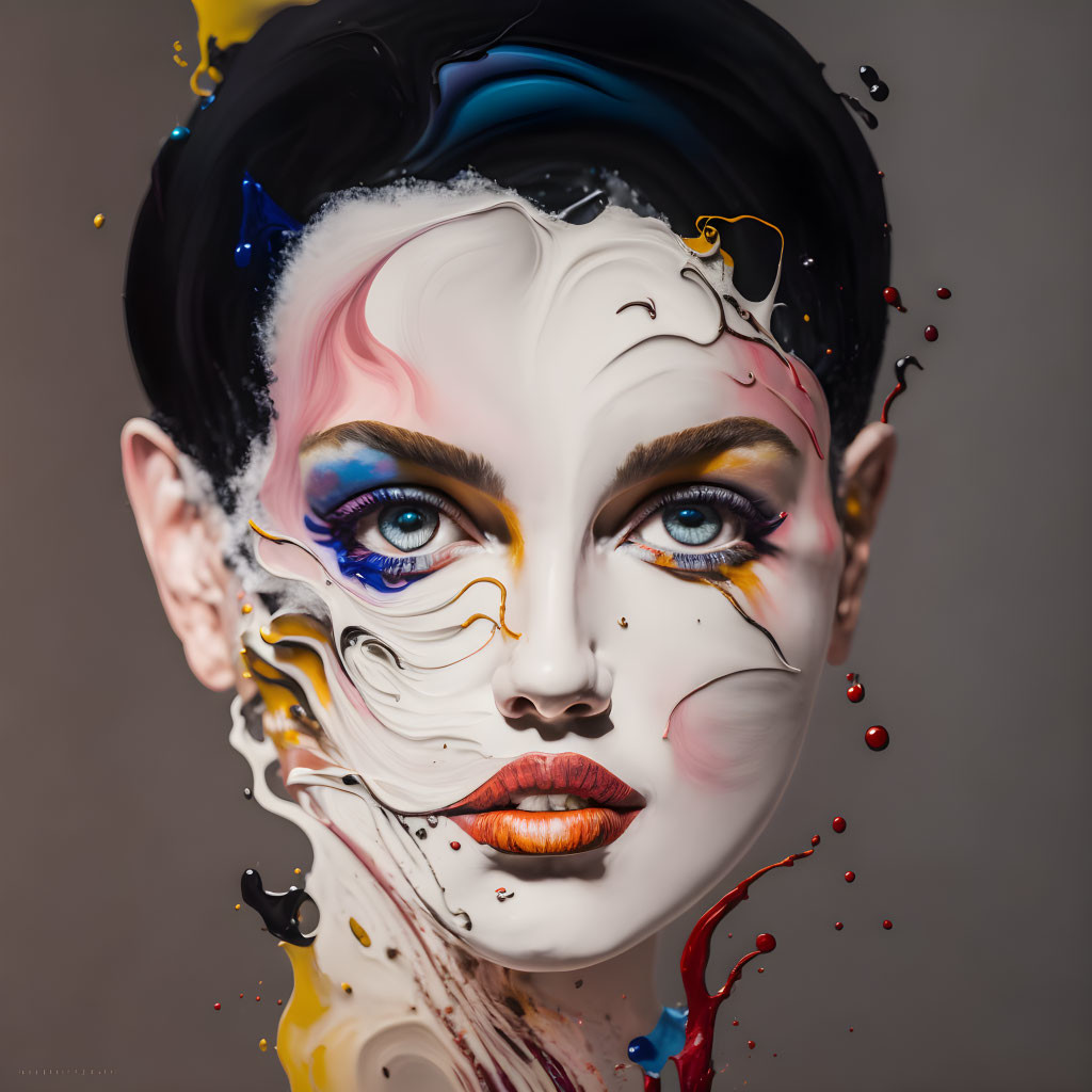 Surreal portrait of woman with vibrant paint splashes