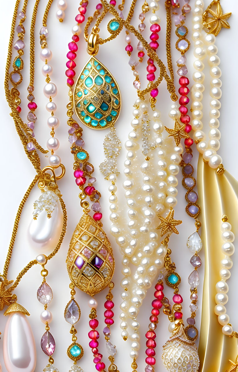 Assorted Elegant Jewelry: Pearls, Gold Chains, Beads, Gemstone Pendants