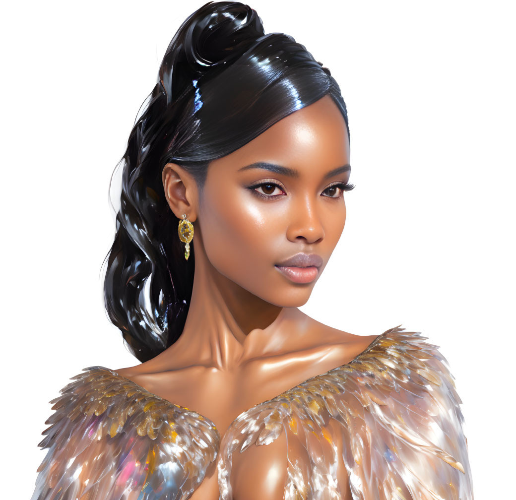 Digital Artwork: Woman with Side Ponytail, Gold Earring & Feathered Outfit