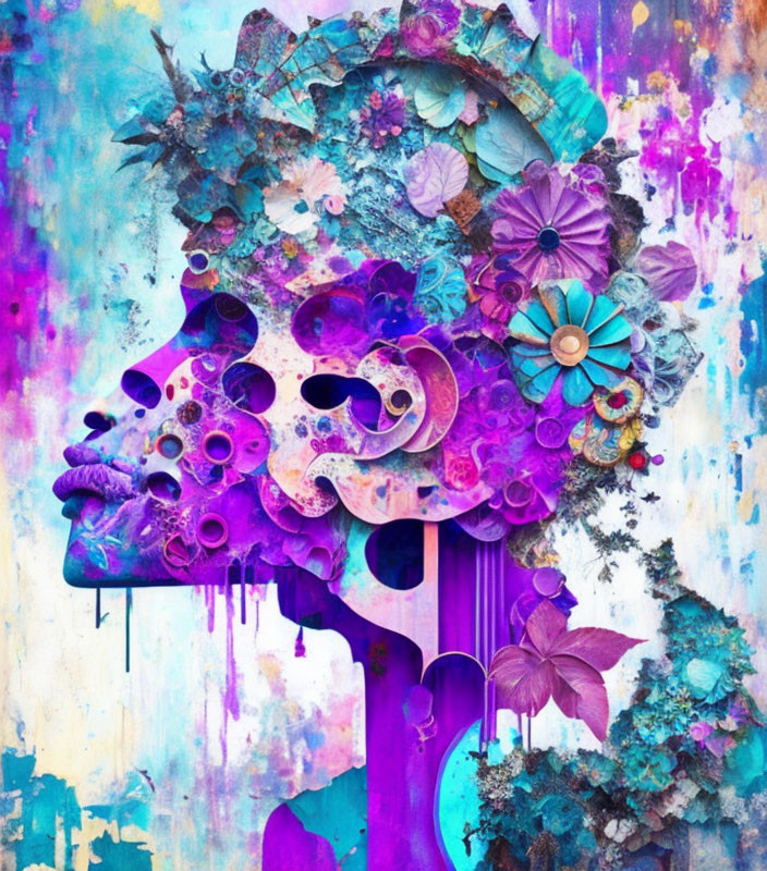 Colorful Abstract Artwork: Skull with Flowers and Geometric Patterns
