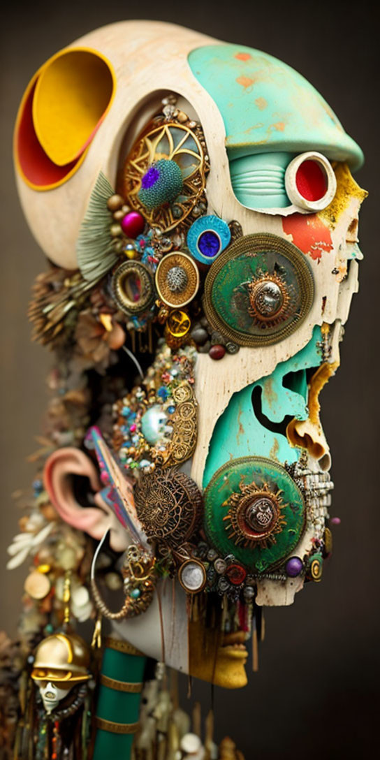 Colorful trinkets, gems, feathers on tribal-themed skull art