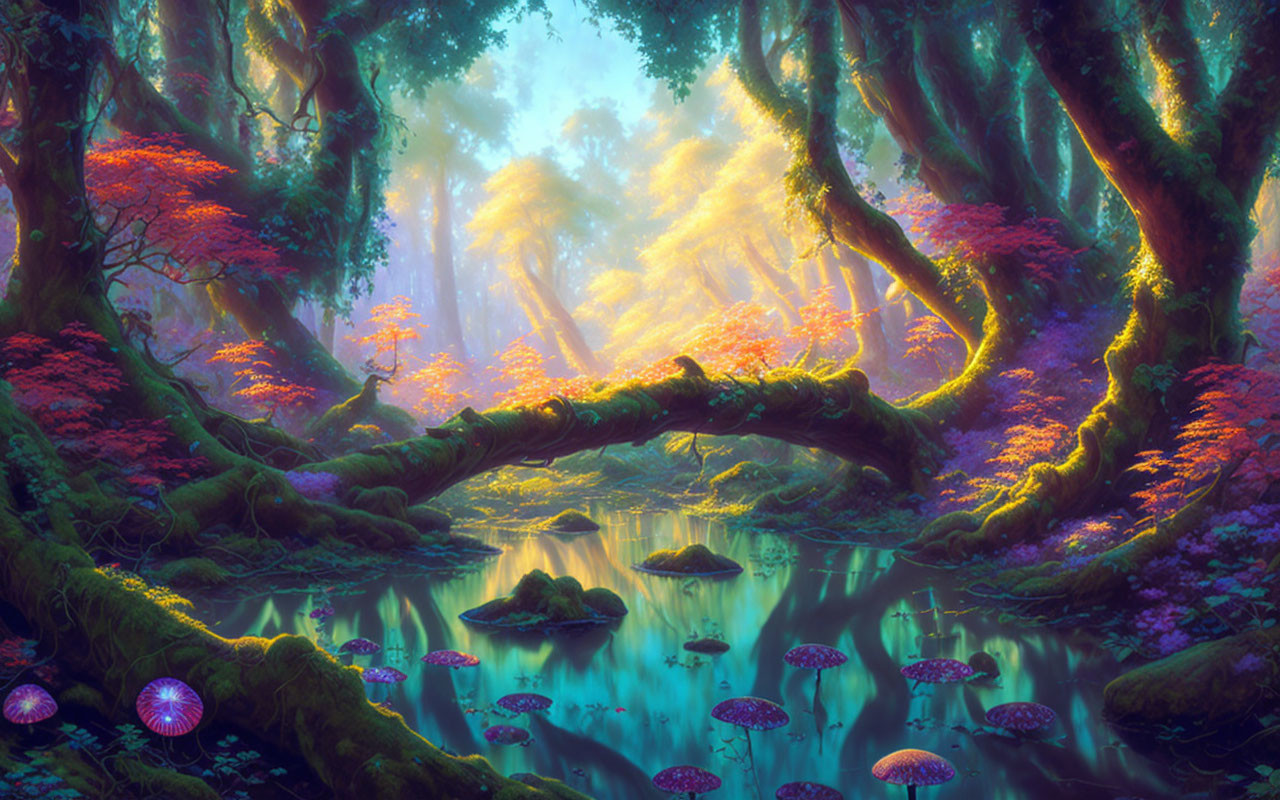 Vibrant Purple and Pink Enchanted Forest with Pond and Magic Mushrooms