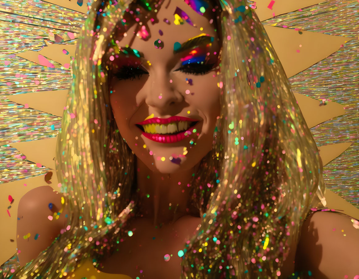 Colorful makeup and confetti on a joyful person in vibrant celebration.