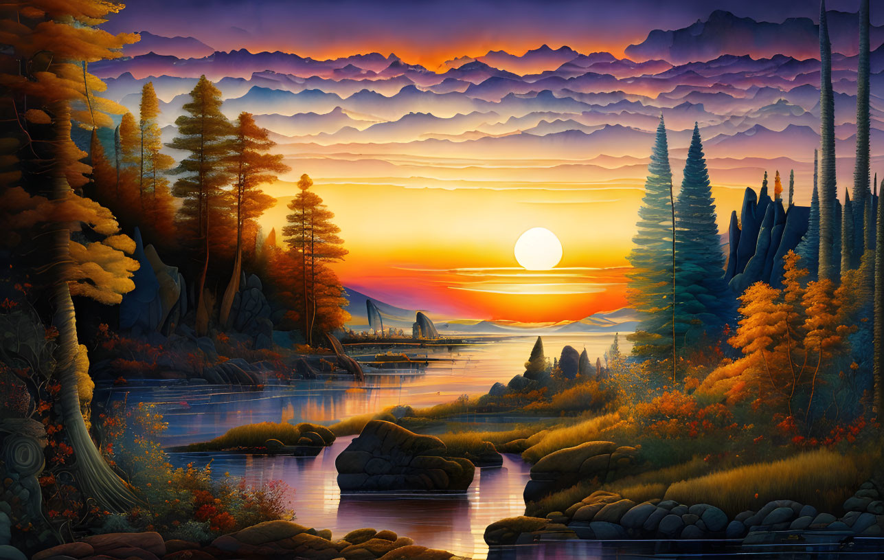 Colorful sunset painting with clouds, pine trees, river, and autumn foliage