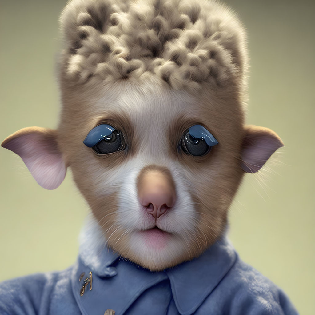 Fantastical creature with meerkat-like face and blue eyes in blue shirt