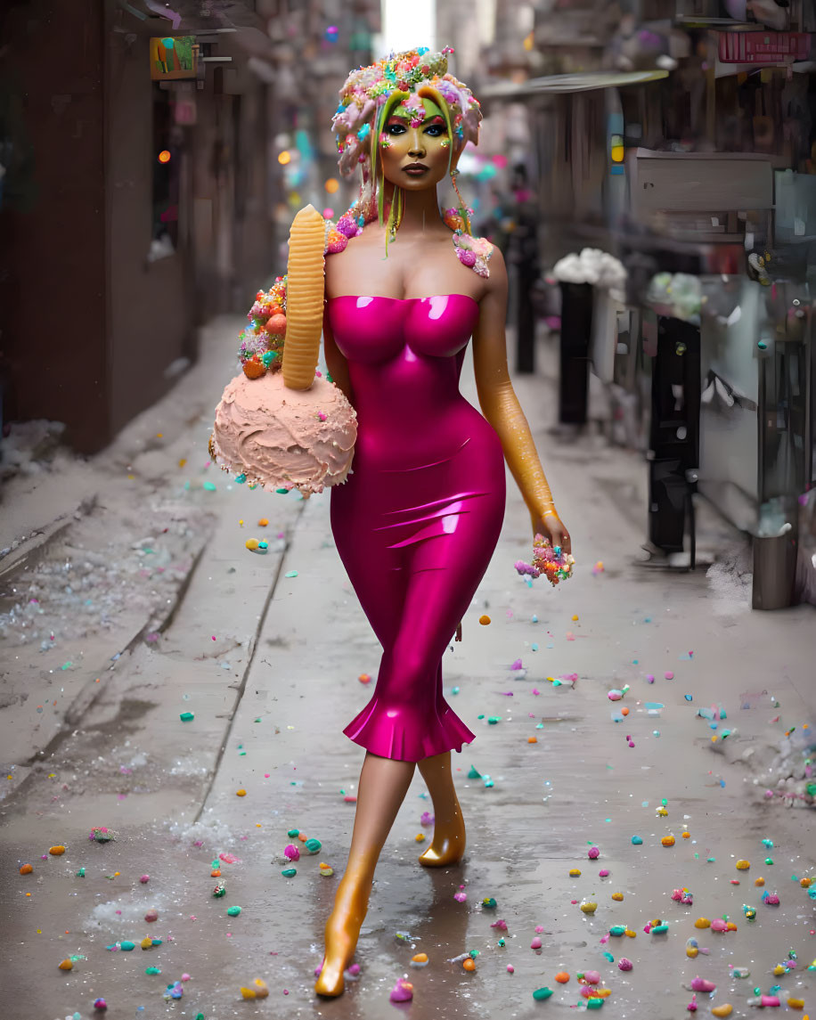 Pink-dressed mannequin with candy headpiece and ice cream prop in alleyway