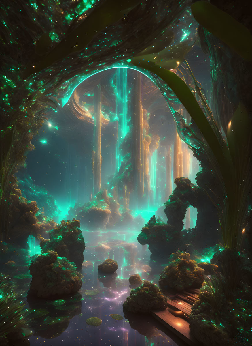 Enchanted forest with glowing pathway and illuminated portal