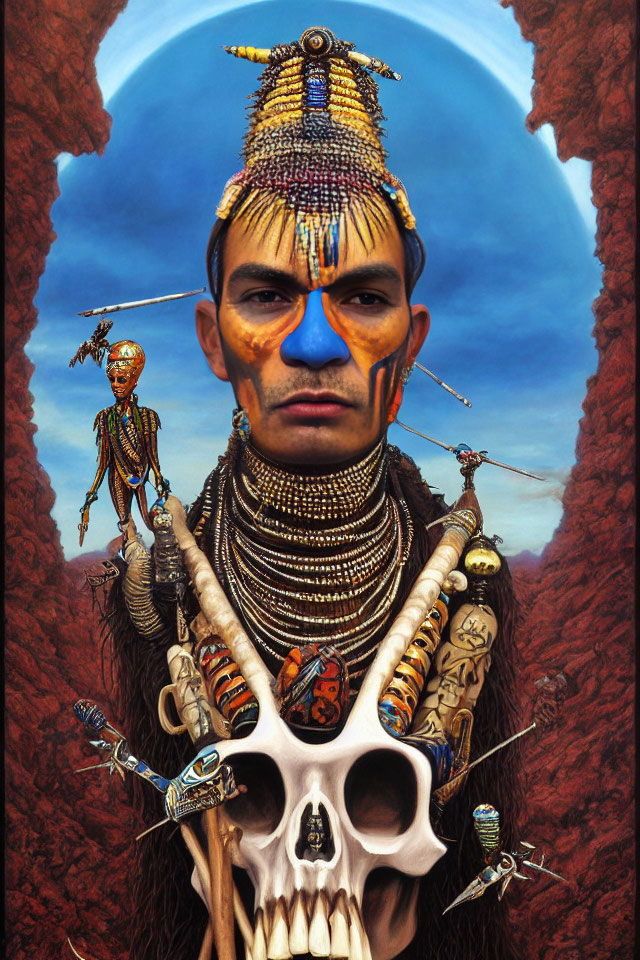 Tribal person with face paint and headdress in rocky background with artifacts