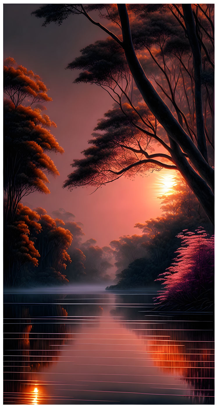 Vivid sunset misty forest with red and orange foliage, reflective water, and silhouetted