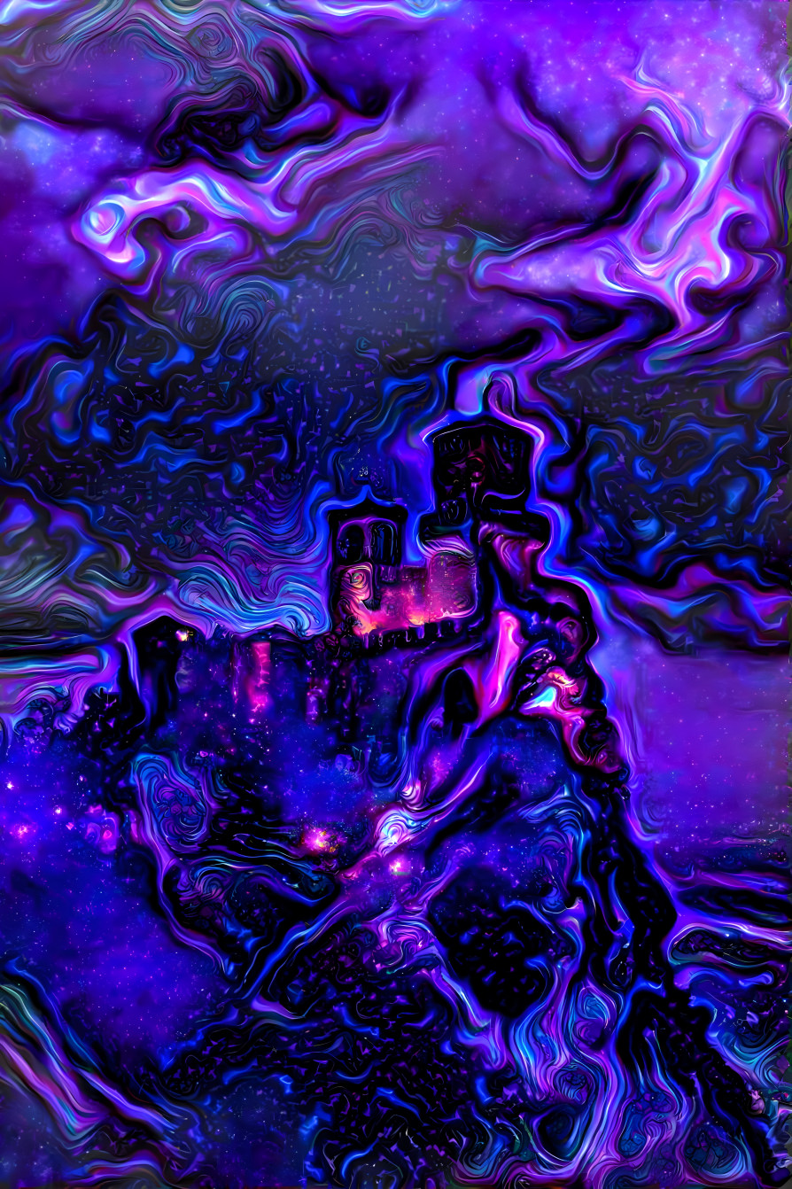 castle on hill - purple, blue, pink, swirls