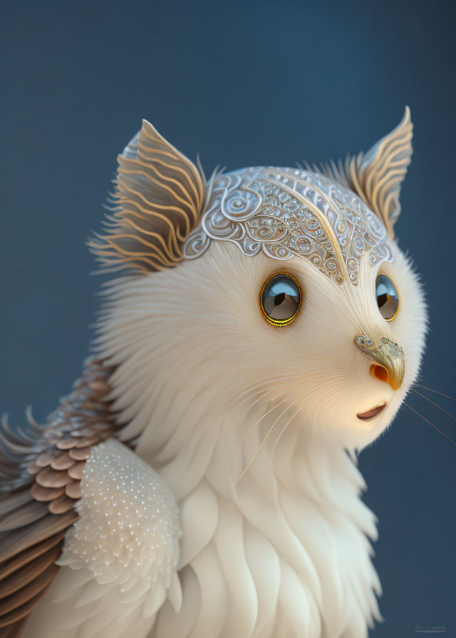 Anthropomorphic creature digital artwork: owl and cat features, silver headpiece, golden eyes.