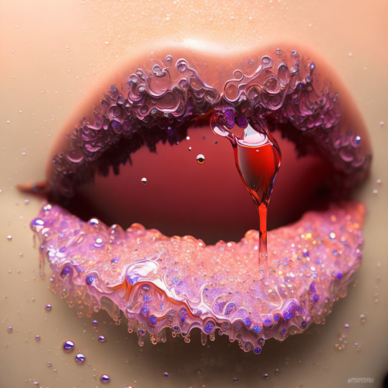 Glossy lips with purple bubbles and red droplet close-up.