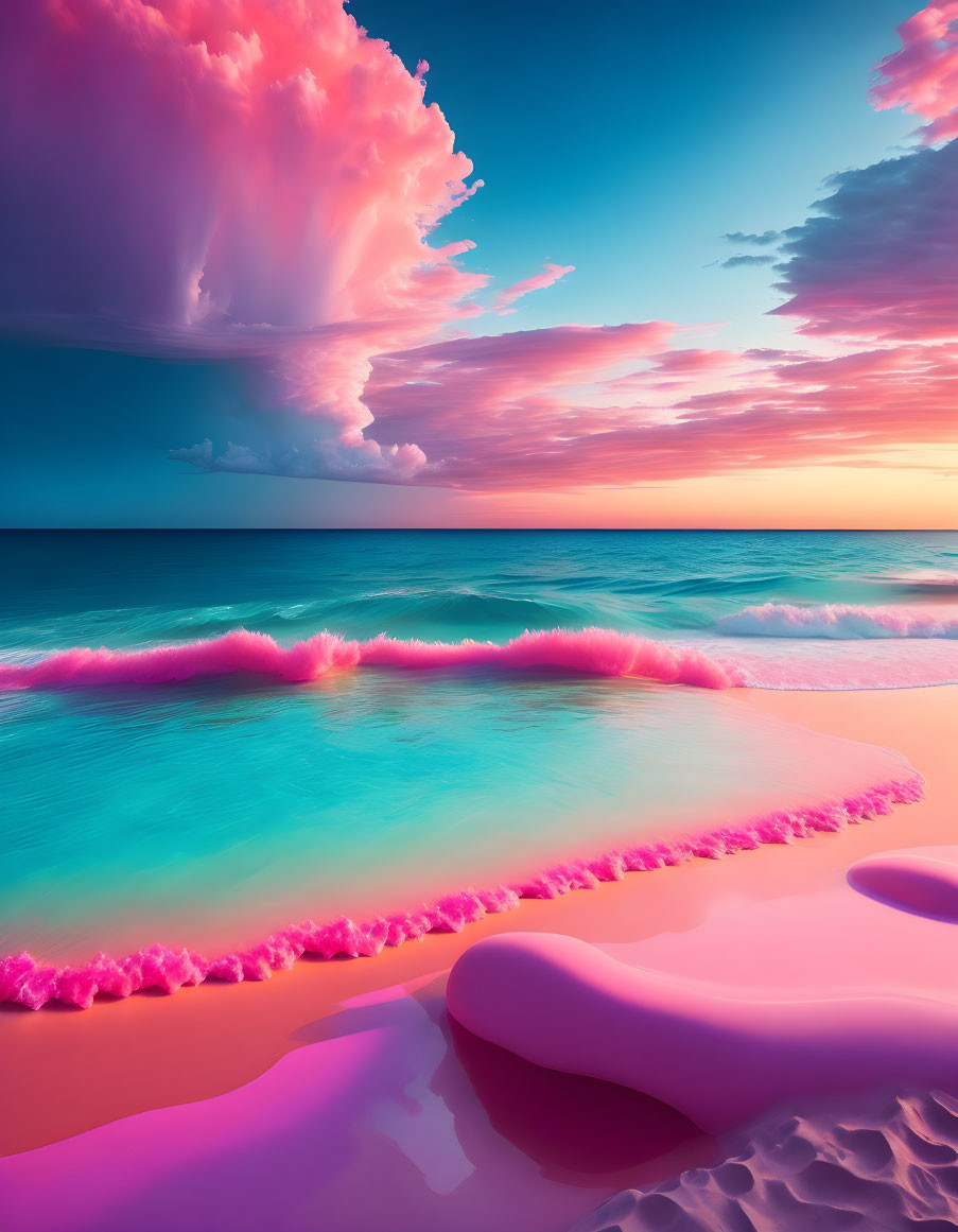 Pink-Hued Beach with Colorful Sunset Sky