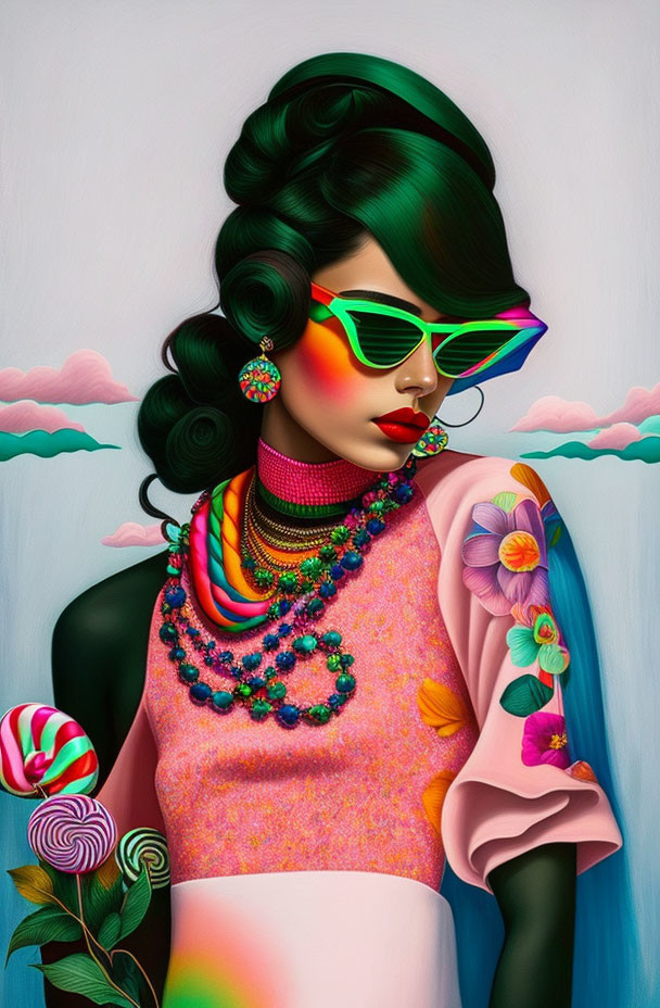 Colorful illustration: Woman with retro hairstyle and sunglasses, vibrant jewelry, under whimsical sky