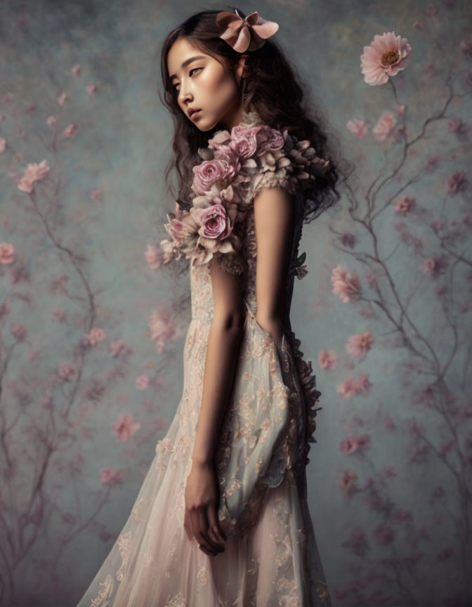 Woman in Floral Dress Surrounded by Dreamy Flowers