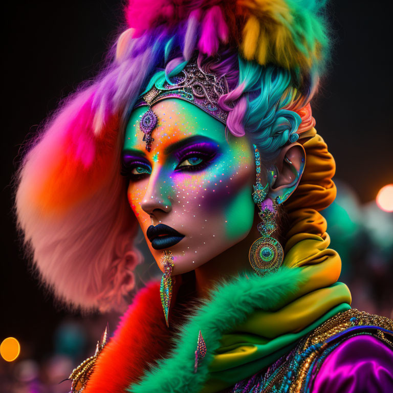 Colorful portrait of a person with neon makeup, gemstones, jeweled headpiece, and fur