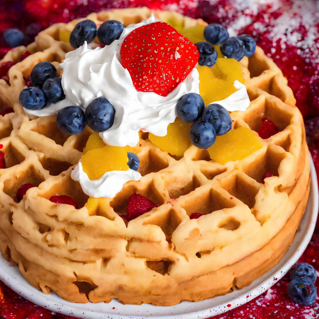 Golden waffle with whipped cream, fruit toppings on white plate