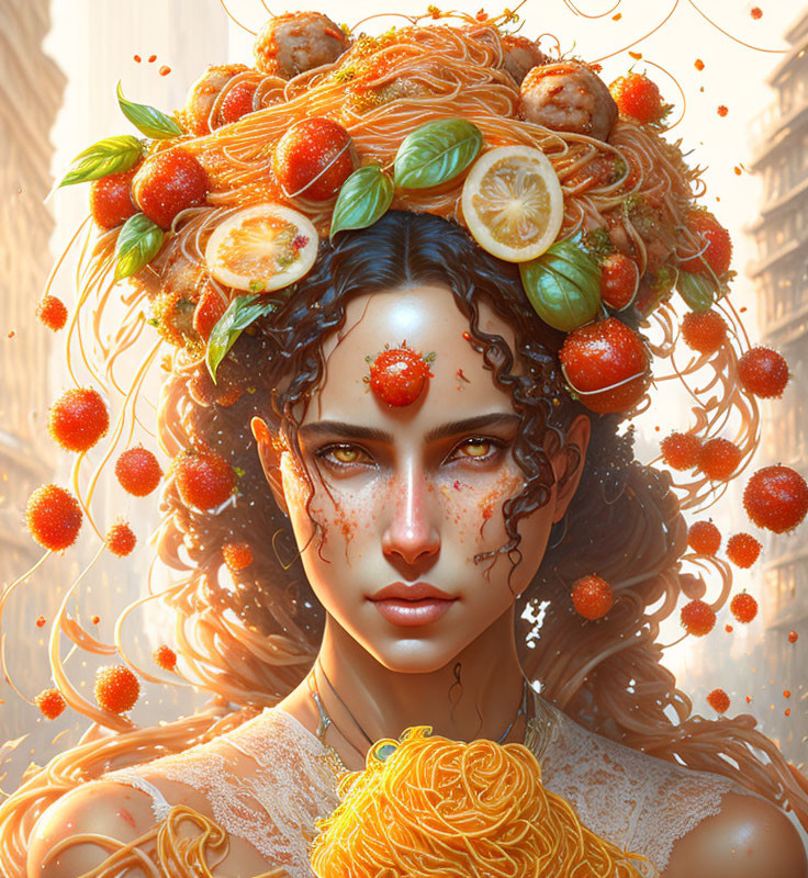 Surreal portrait of woman with spaghetti hair and Italian food theme