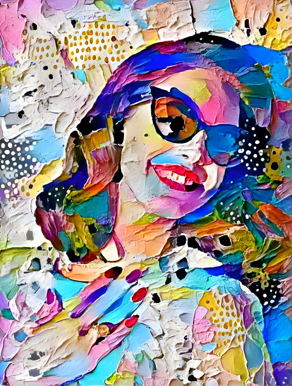 model in sunglasses touching collar, painting