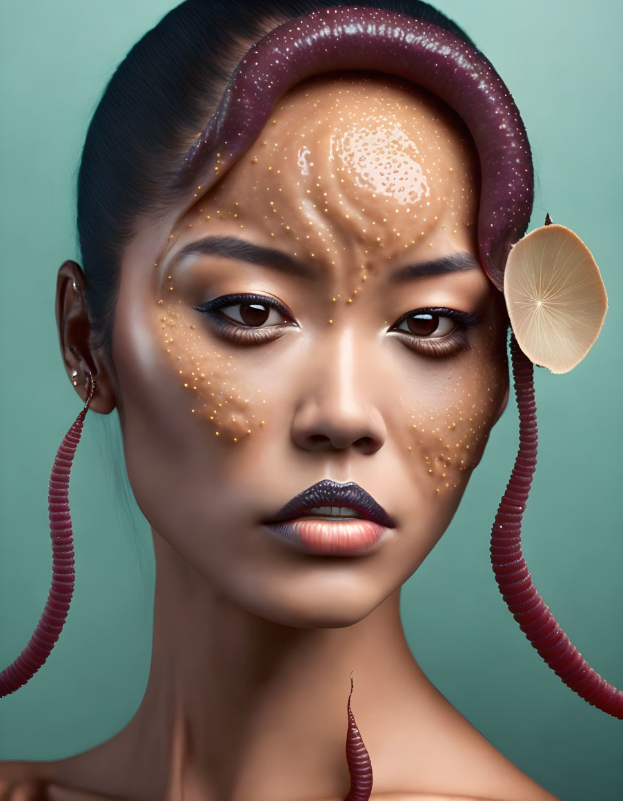 Surreal portrait: woman with octopus tentacles, sea creature on head, teal background