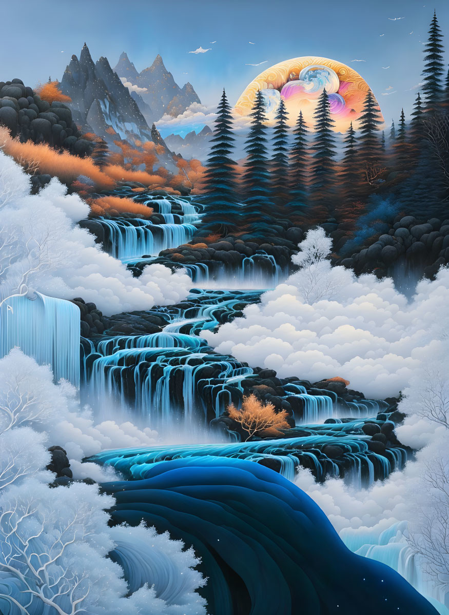 Vivid Landscape with Cascading Waterfalls and Seasonal Contrast