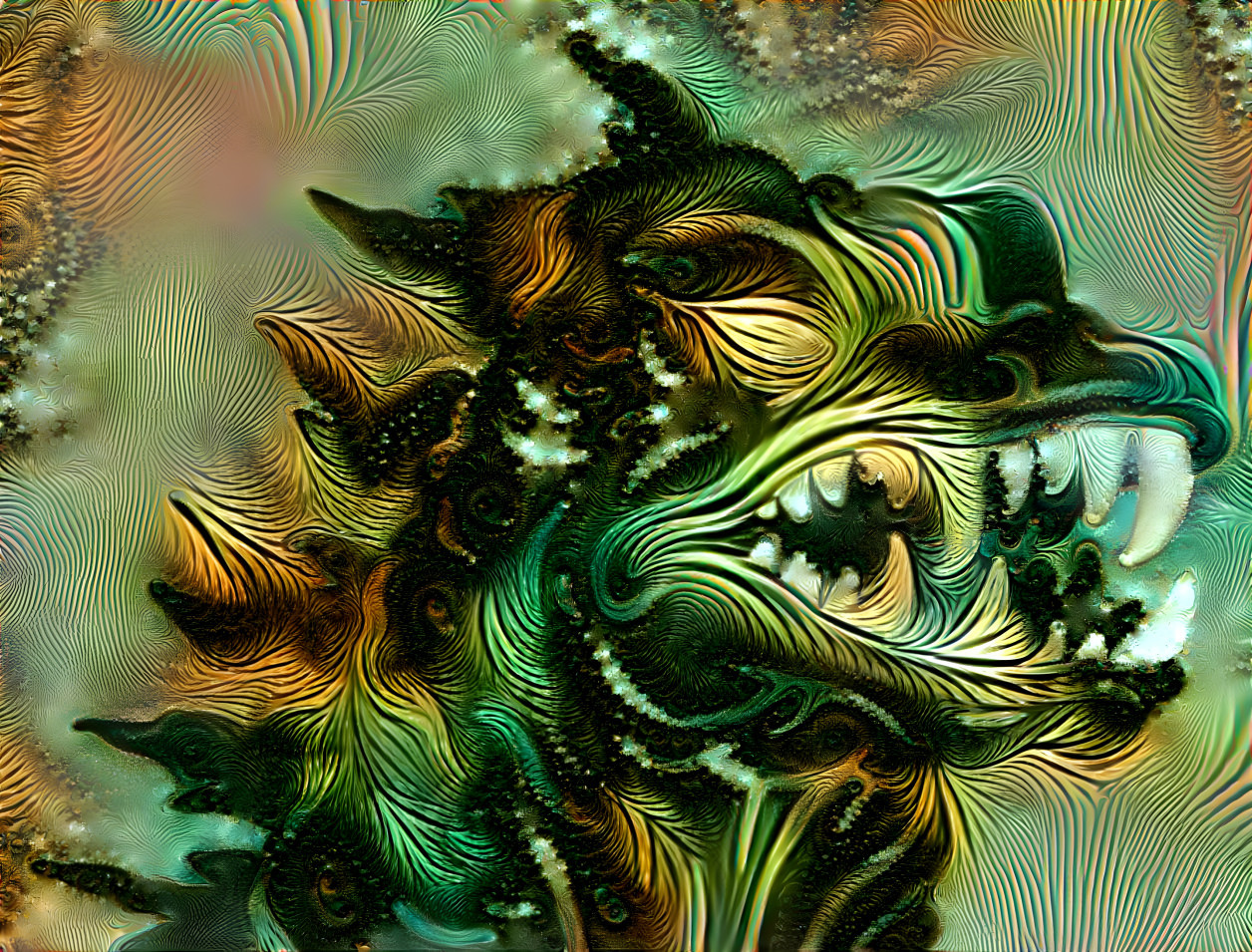 green, yellow, gold, fractal-ish godzilla