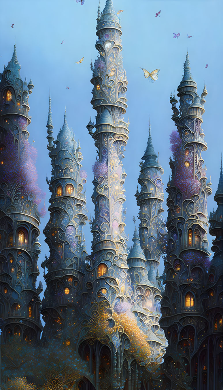 Intricate Fantasy Towers in Twilight Sky with Luminescent Accents