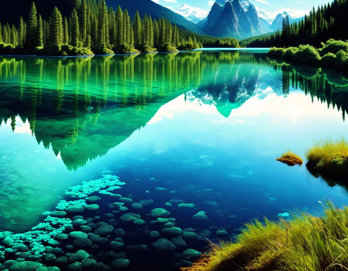 Tranquil mountain lake with clear blue sky and forested peaks