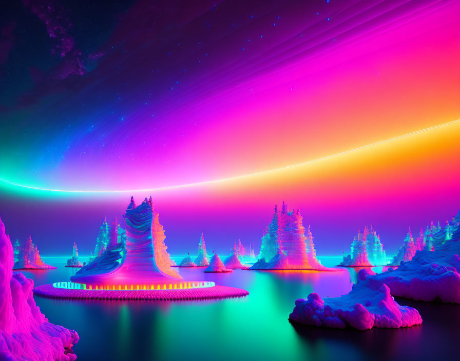 Colorful Neon-Lit Snow-Covered Trees in Digital Landscape