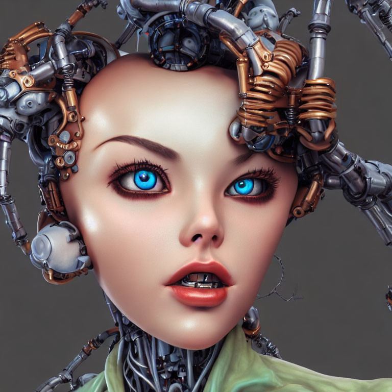 Photorealistic female android with blue eyes and mechanical head.