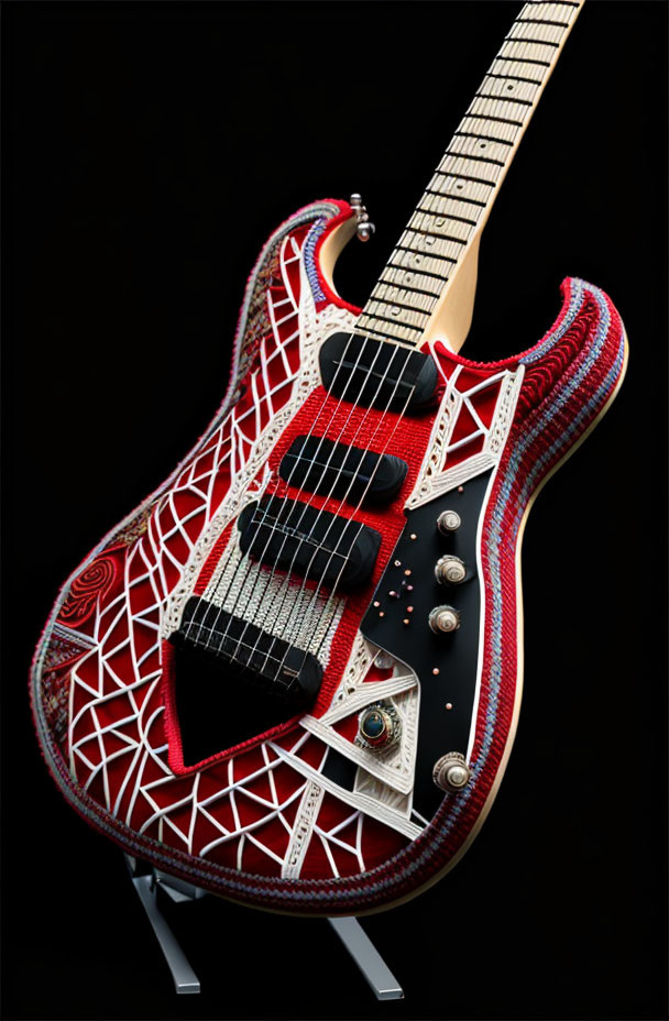 Detailed Red, White, and Black Beaded Electric Guitar on Black Background